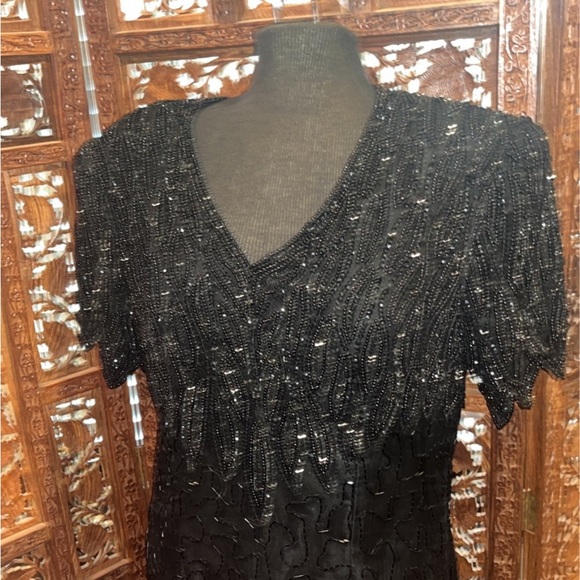 Vintage 90's Black Silk Beaded Sequined Cocktail Party Dress size 10 M L - Picture 2 of 7